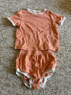 Ribbed Two-Piece Set in Peach with White Trim